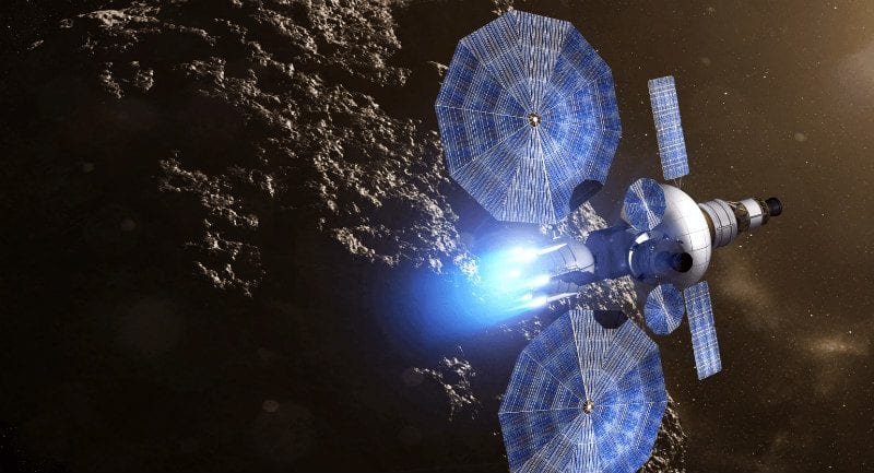 Sanatçı gözünden bir asteroidin üzerinde Güneş enerjisi ile itilen uzay aracı. Telif: NASA